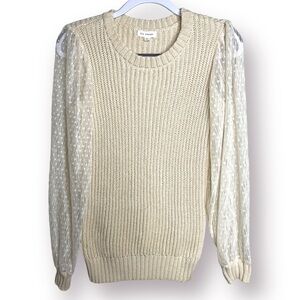 Blu Pepper Size M Beige Sheer Polka Dot Sleeve Rib Knit Scoop Neck Sweater